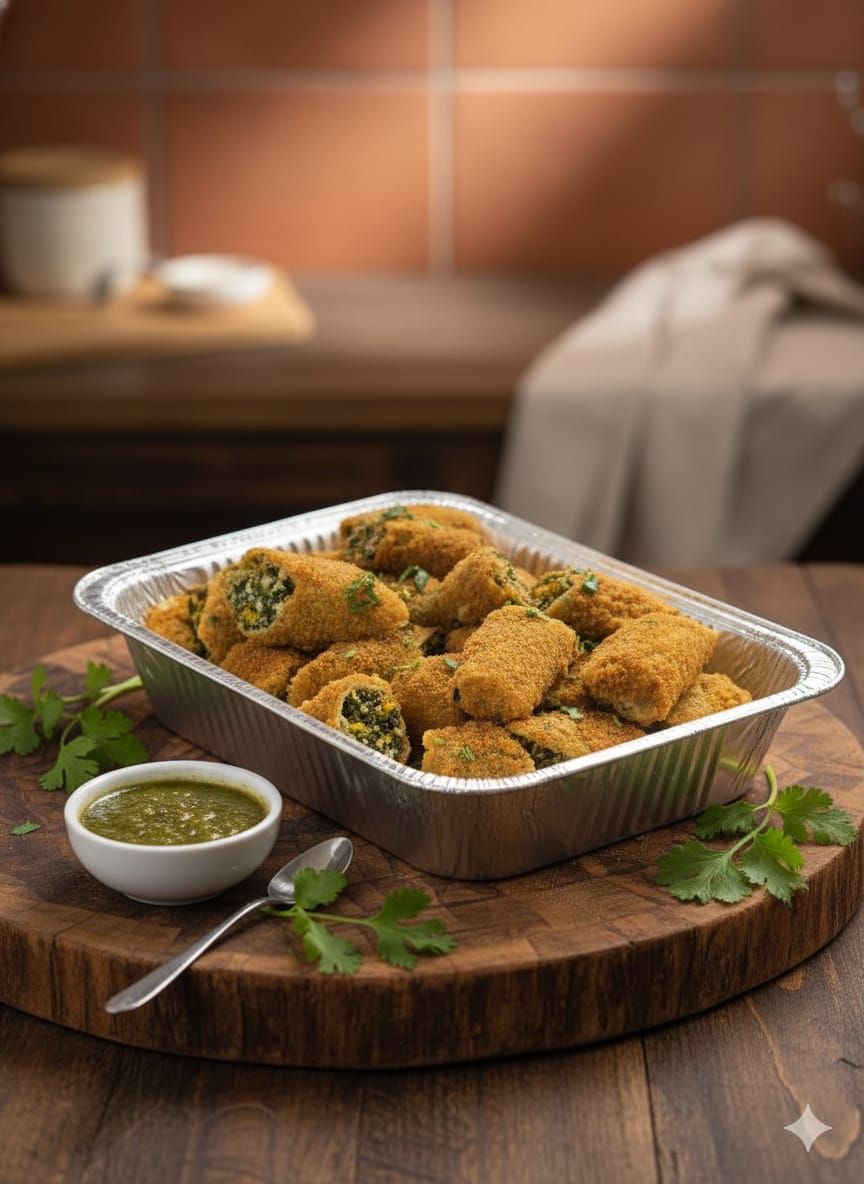 Tray of crispy veg cutlets with mint chutney for catering