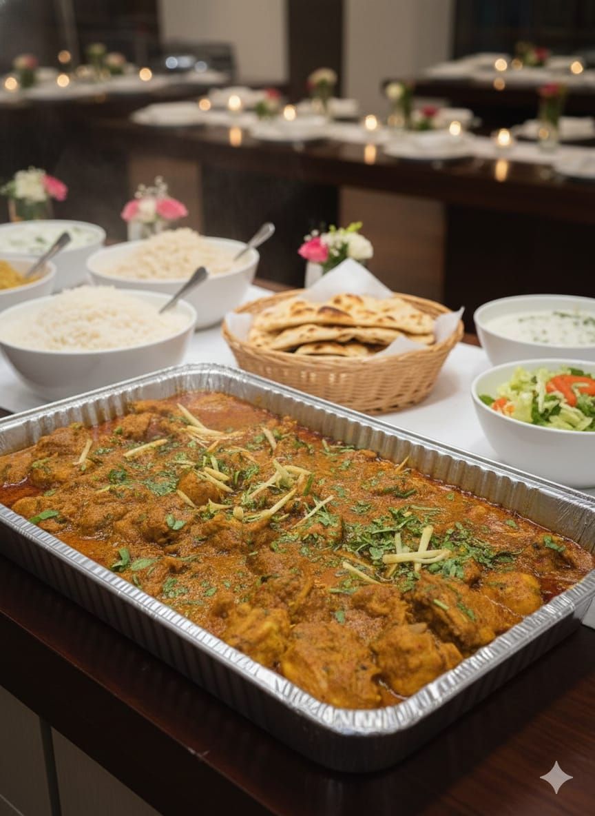 Chicken curry catering tray with rice, naan and sides at a Baba's event