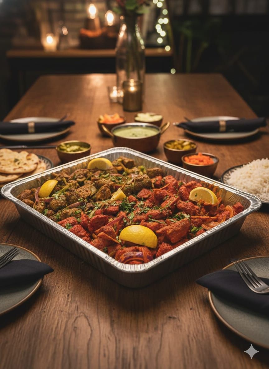 Mixed tandoori and kabob platter set for a catered Punjabi dinner