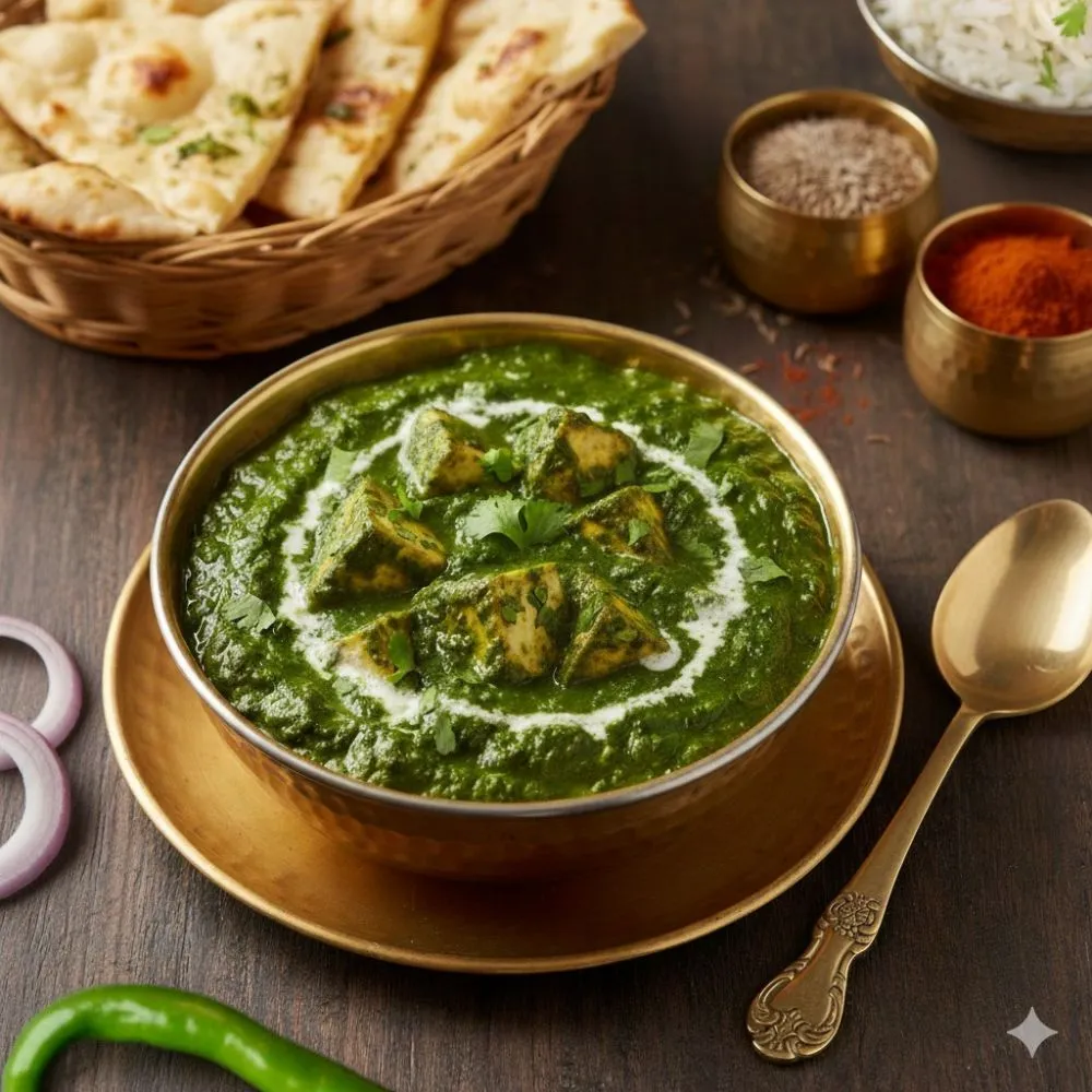 Palak Paneer — paneer in a smooth spinach gravy with naan