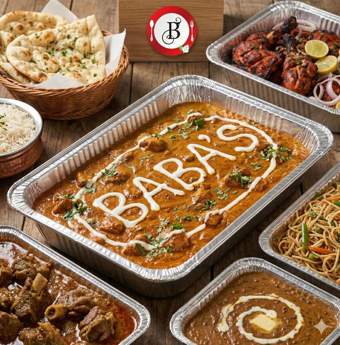 Baba's catering trays of butter chicken, tandoori chicken, mutton curry, dal makhni and Hakka noodles