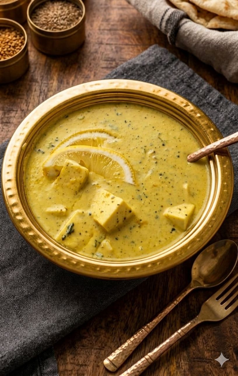Lemon paneer curry in a brass bowl with naan