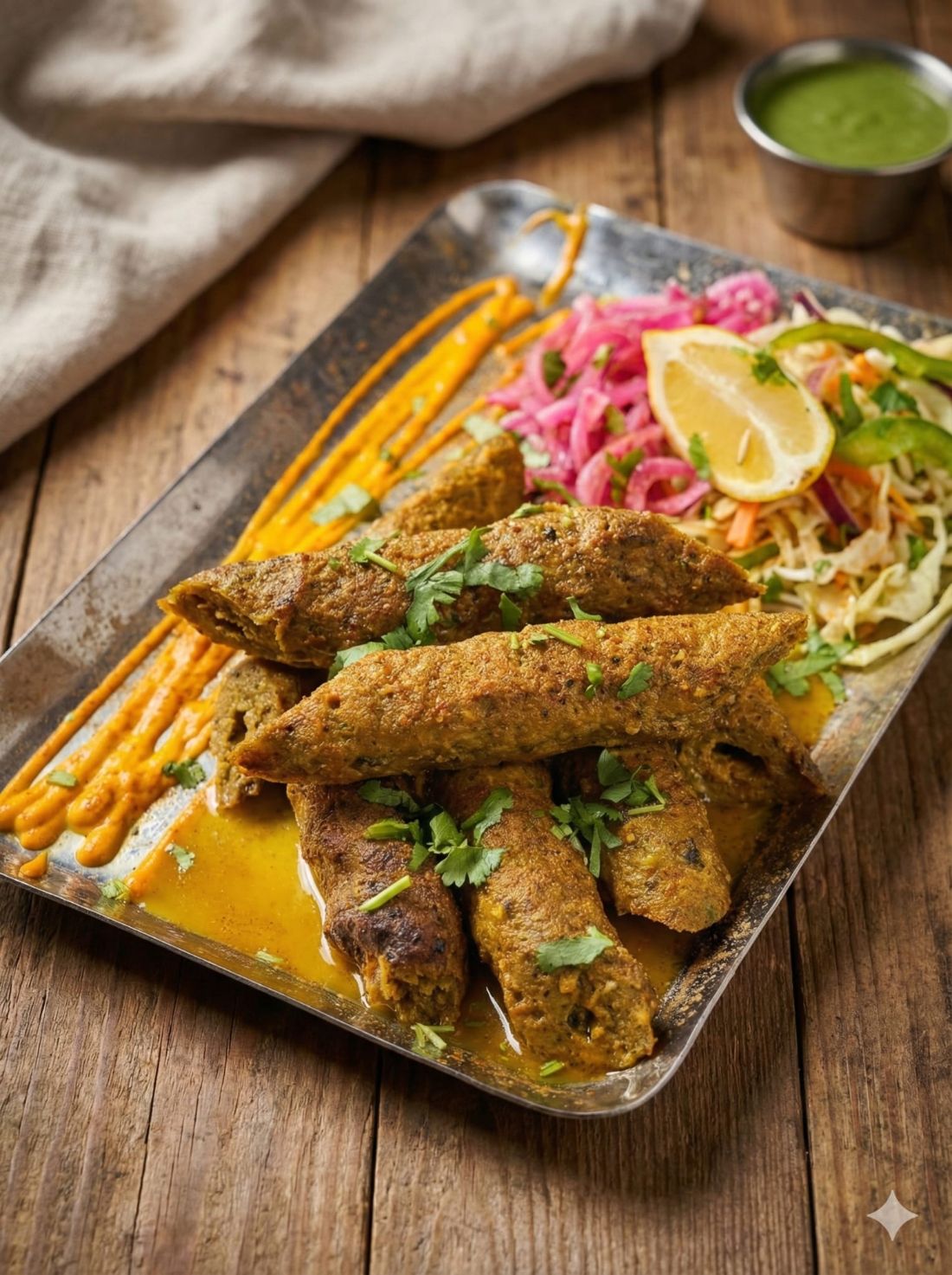 Mutton seekh kabobs with salad, pickled onion and chutney