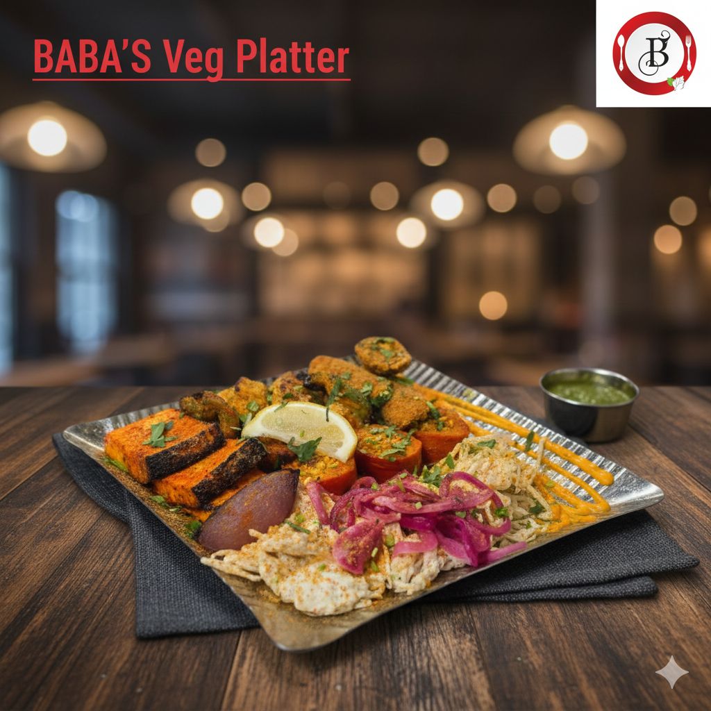 Baba's veg platter with paneer tikka, malai chaap and kebabs